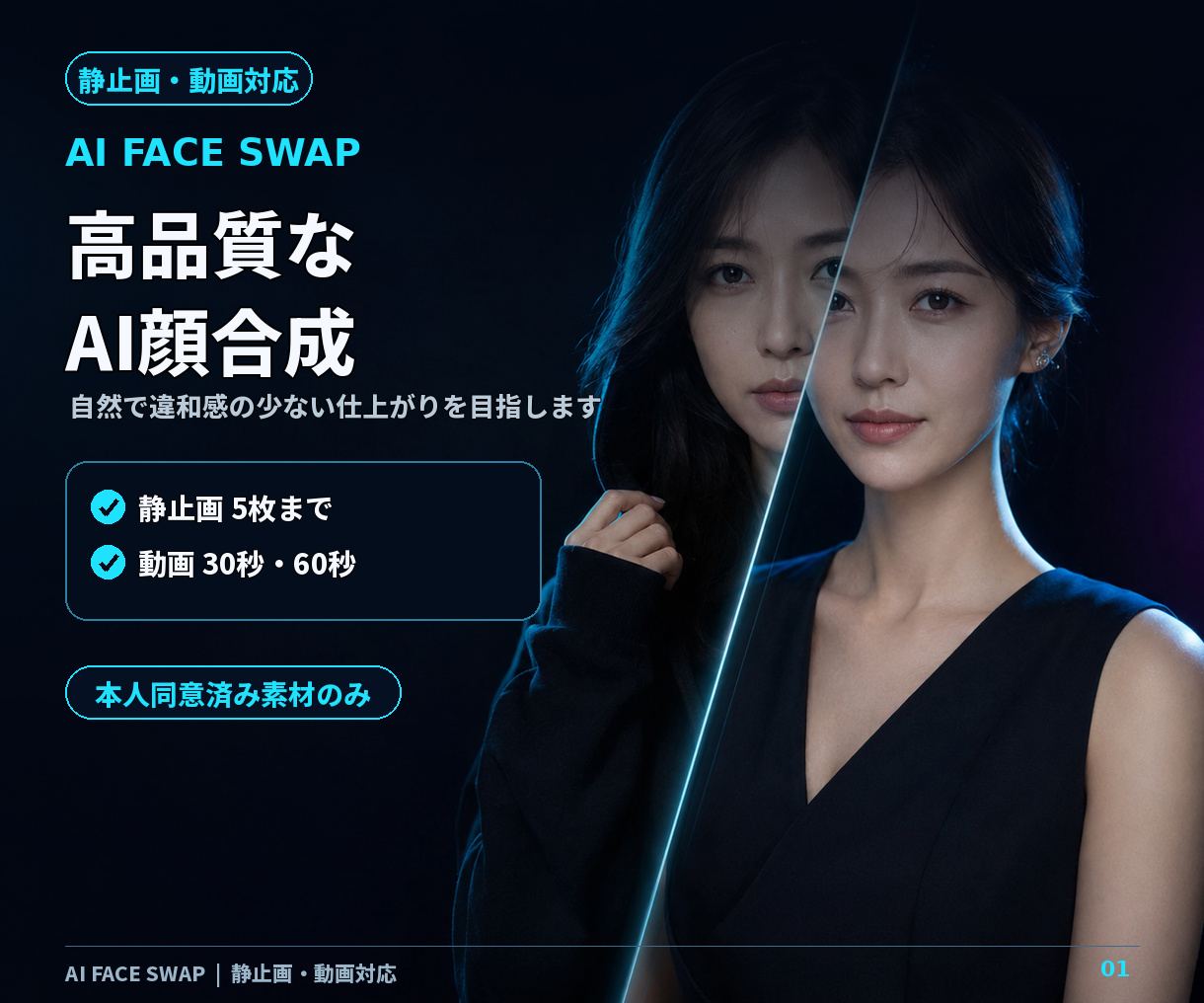 AI顔合成サービスの内容を紹介する架空の成人女性と成人男性のイメージ