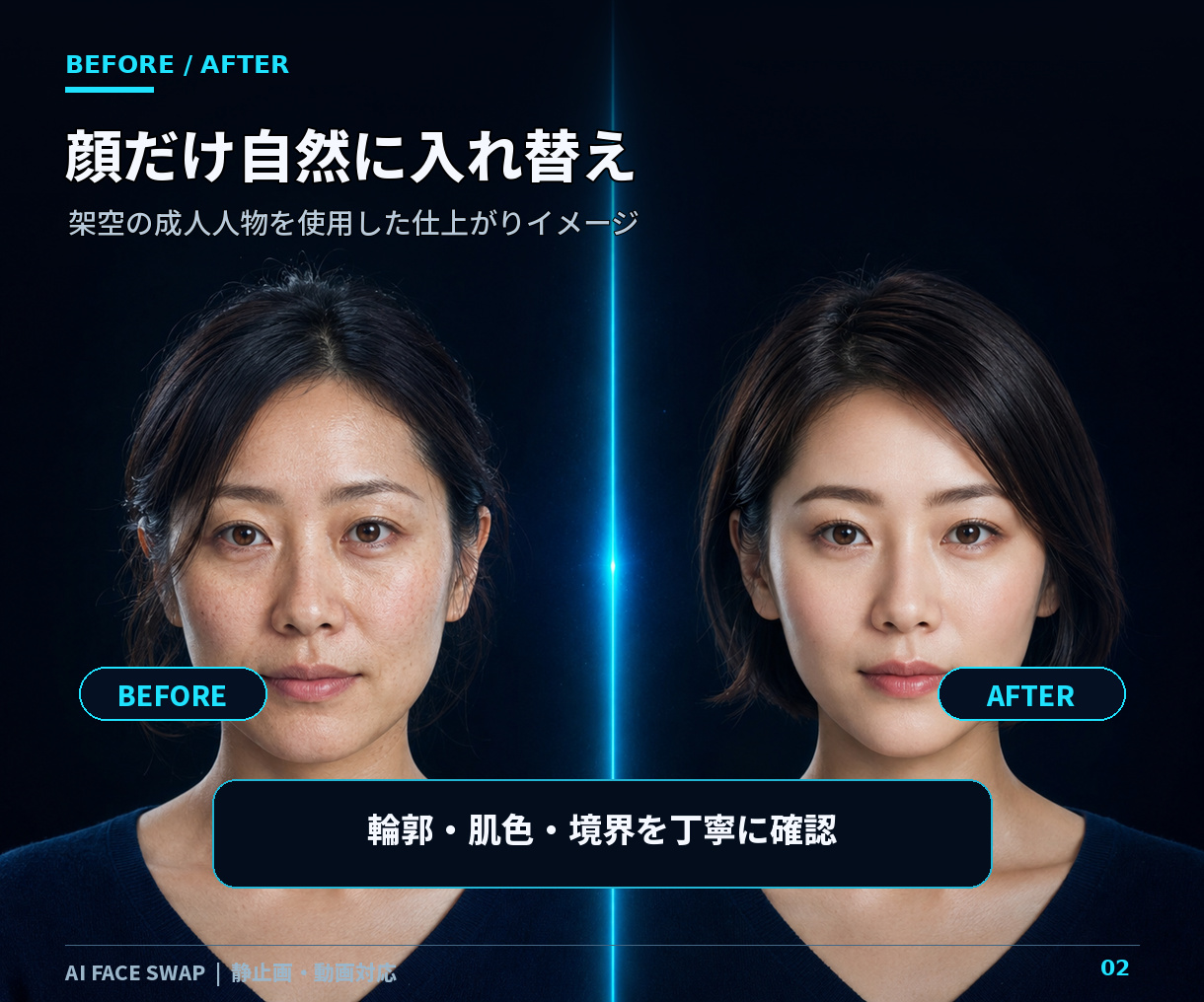 架空の成人女性と成人男性の顔合成前後を示すサービス説明画像
