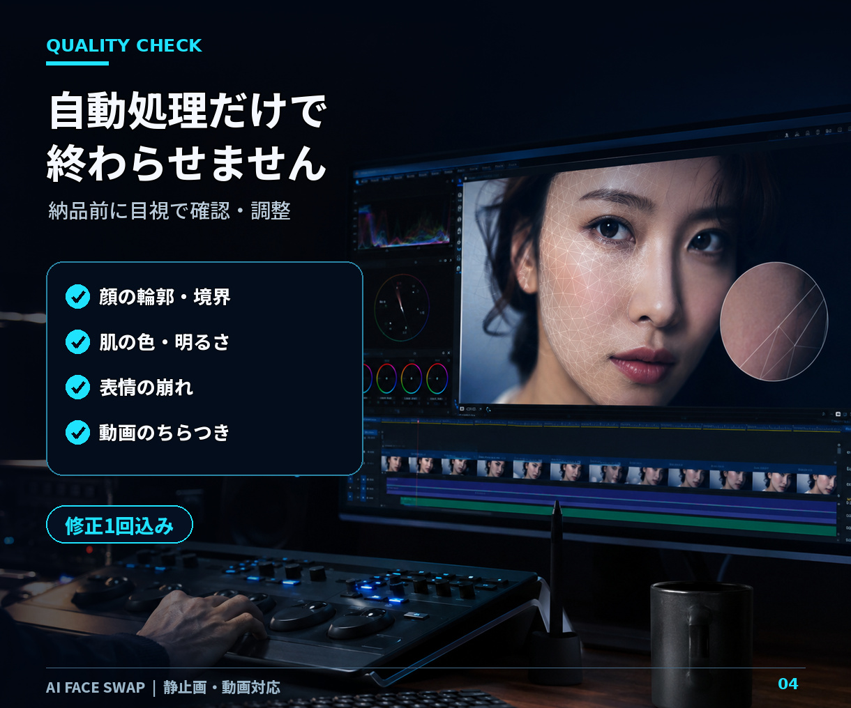 顔の輪郭、肌色、表情、動画のちらつきを目視確認する品質確認の説明画像